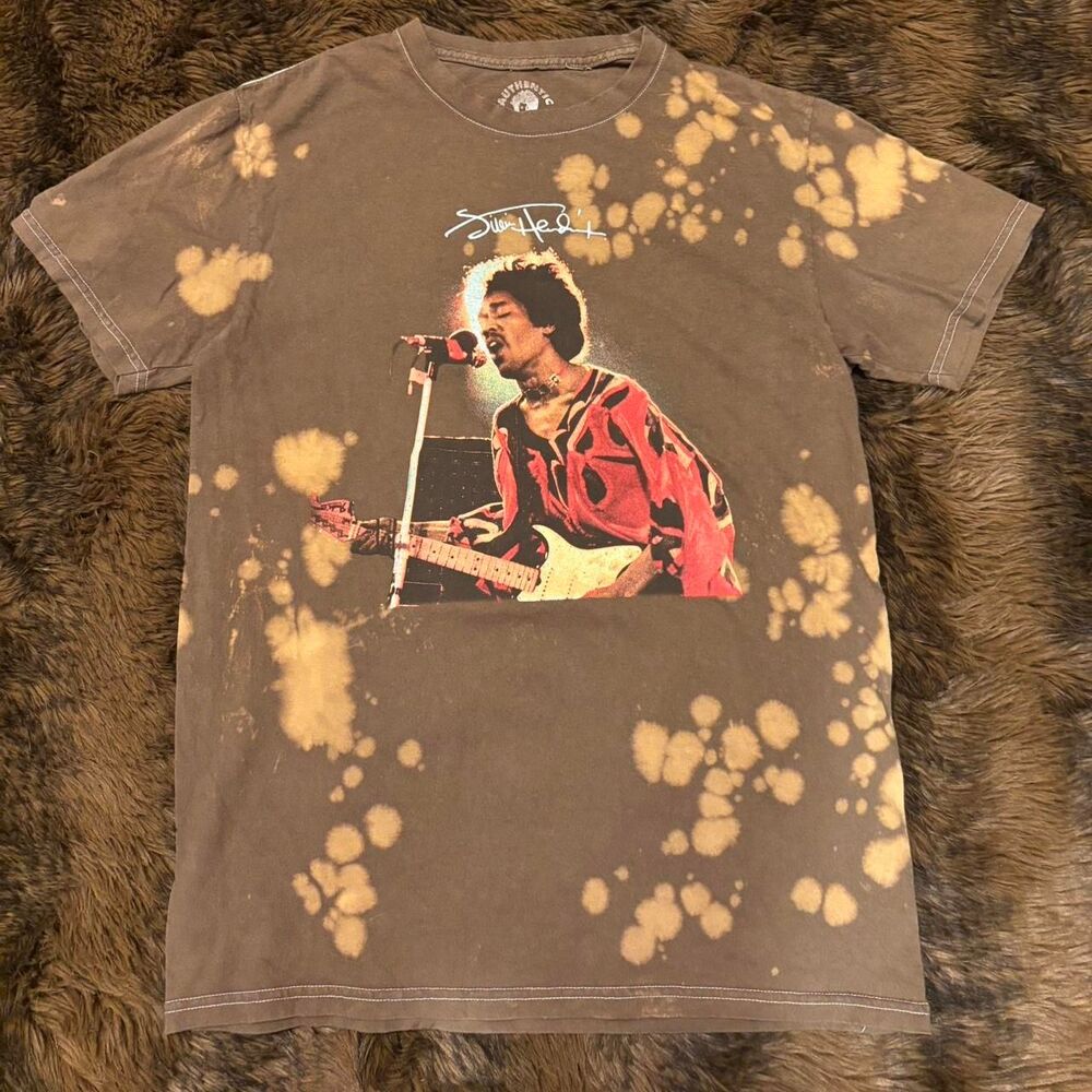 Jimi Hendrix Singing Bleach Tie-Dye T-Shirt Brown Men’s Small Natural Colors